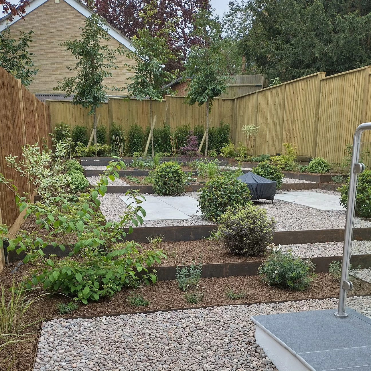 A landscaped backyard garden with raised garden beds, gravel paths, small trees, shrubs, a wooden fence, and a metal pool ladder in the foreground.